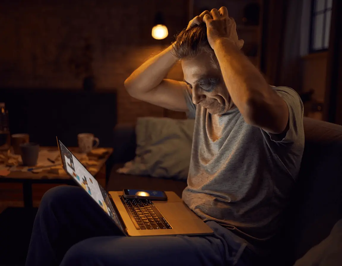 Man stressed and overwhelmed late at night