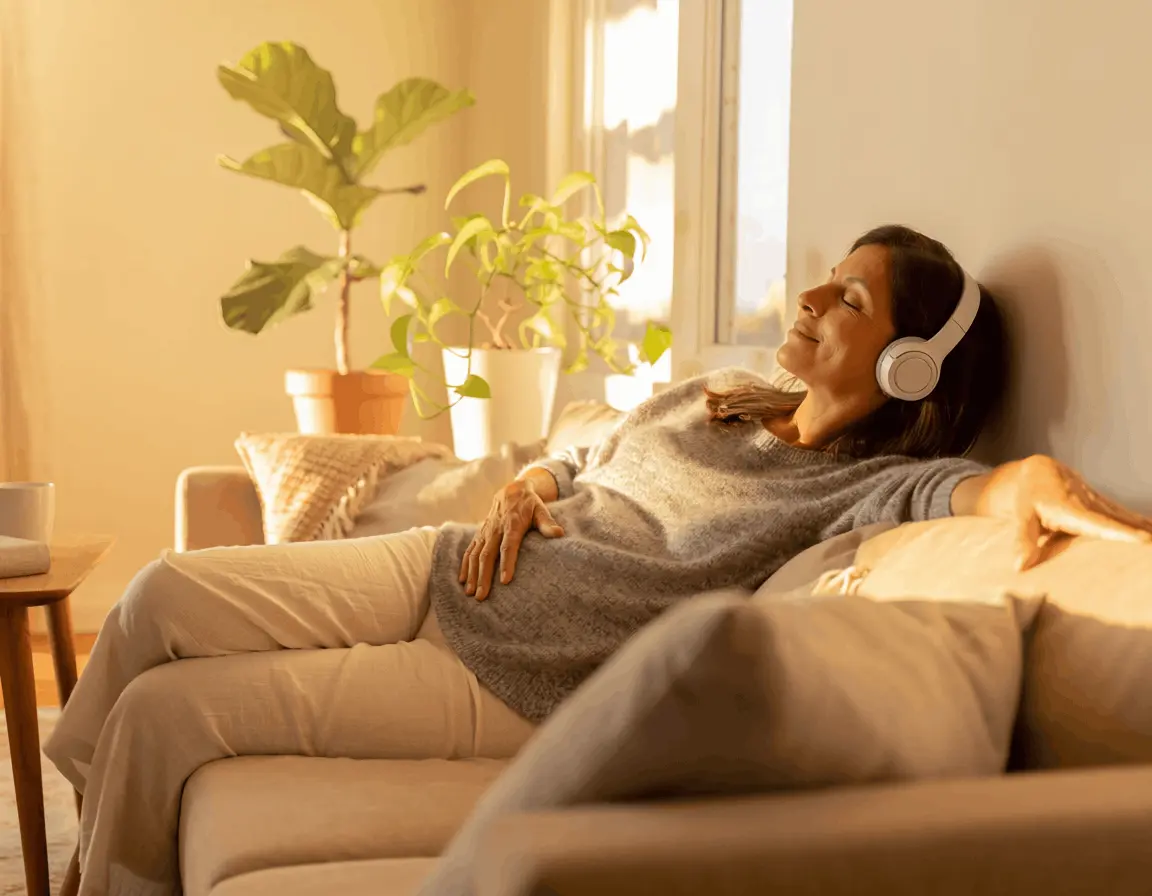 Woman relaxed on sofa with white headphones listening to The Brain Song